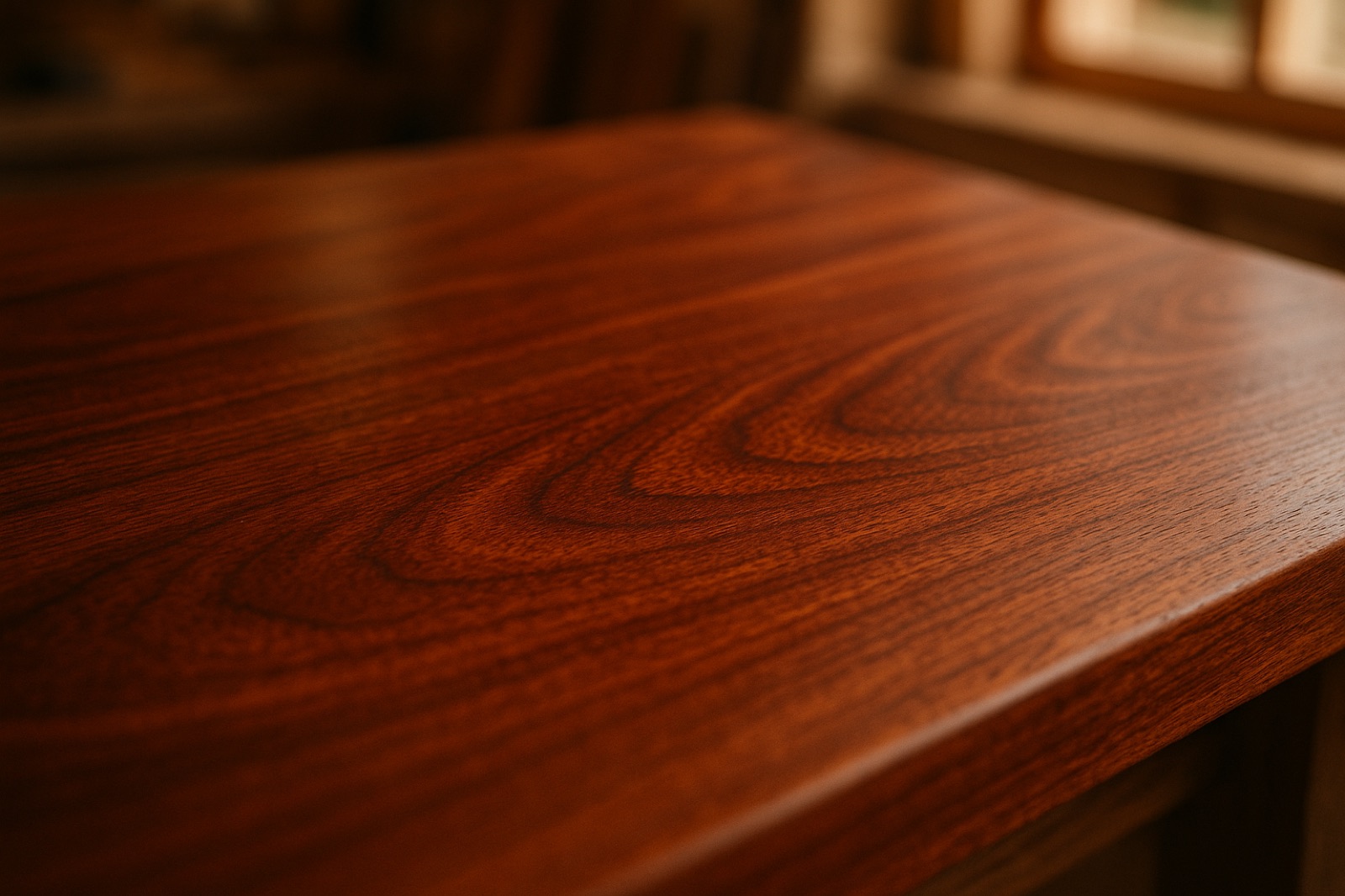 Close-up of hand-finished mahogany grain