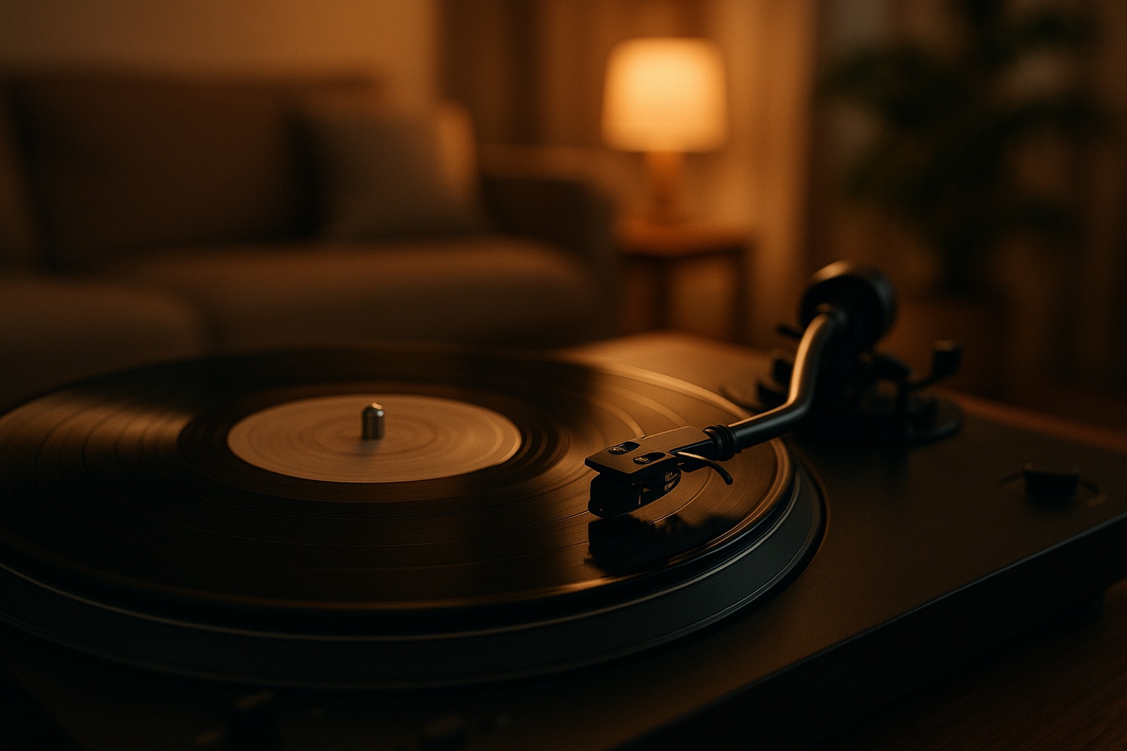 A record playing on a turntable in a warmly lit living room